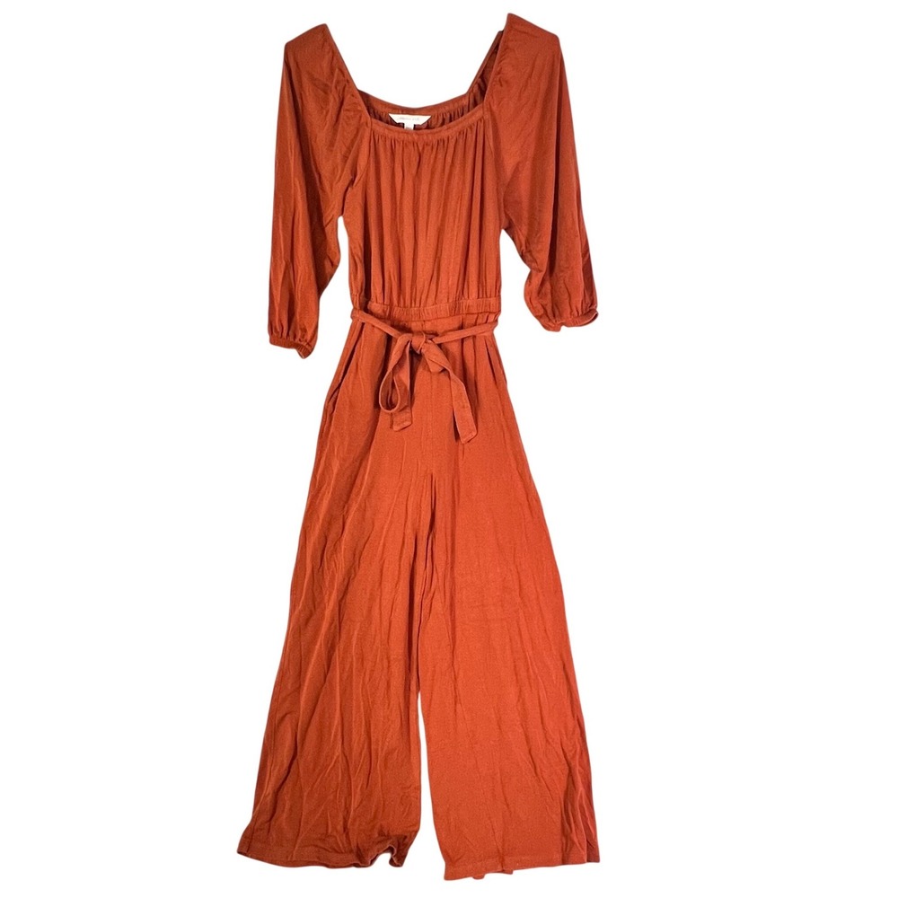 Garnet Hill Wide Leg Jumpsuit XS Rust Orange Tencel Lyocell Puff‎ Sleeve Belted